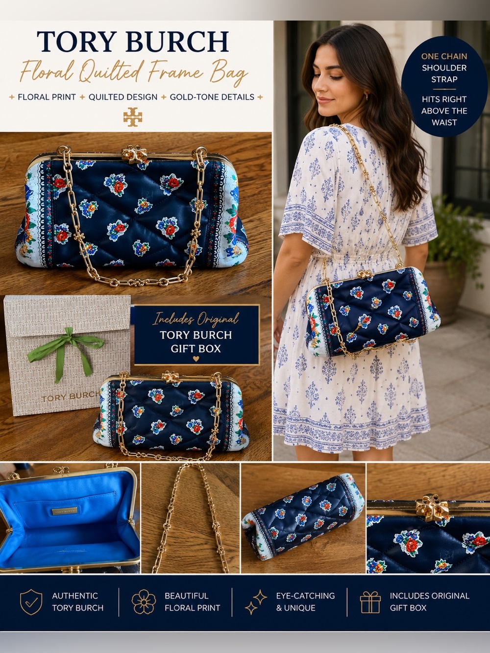 Tory Burch Navy Floral Quilted Frame Crossbody Bag Gold Chain Includes Gift Box